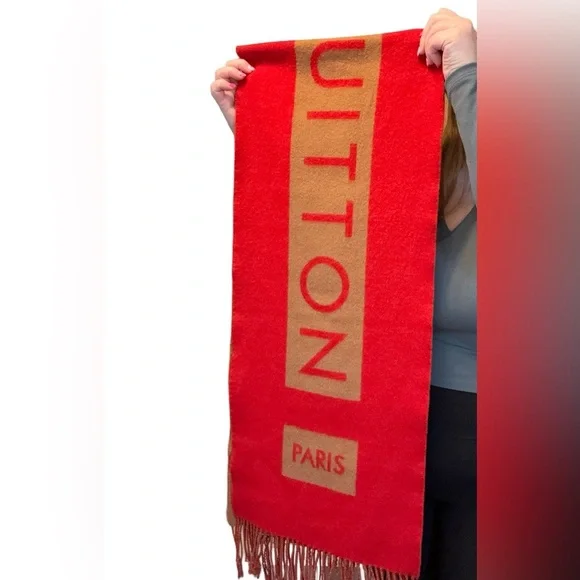 SOLD Louis Vuitton Red & Camel Double Sided 100% Cashmere Winter Scarf Luxury - Picture 5 of 15